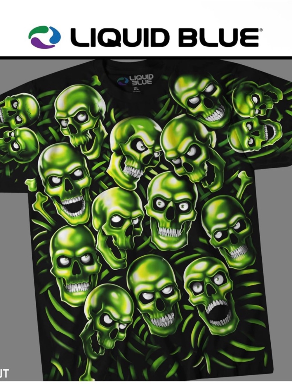 NWOT Glow in the Dark! Adult Small, Liquid Blue Skull Pile T-Shirt.